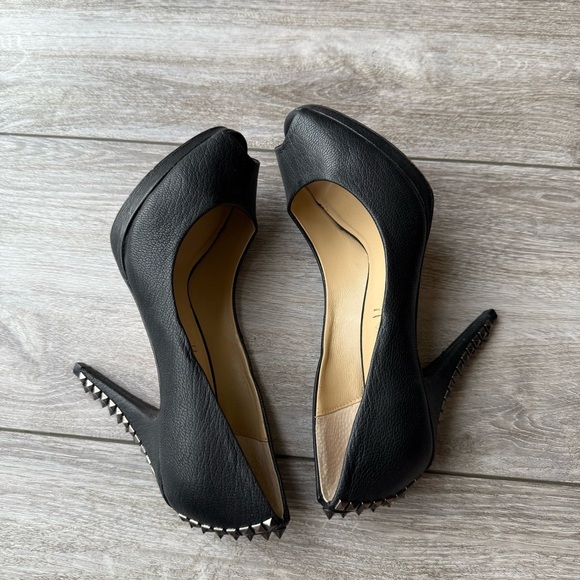 BCBGMAXAZRIA  Roxanne Black High All Leather Spikes Heel Peep Toe Rocker Pumps - Picture 10 of 15